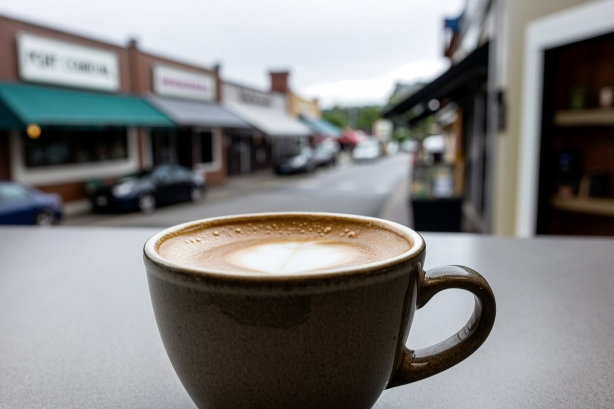 Notebook and pencil open beside a coffee mug at a rain-streaked window looking onto a wet shopping street in Port Coquitlam BC
