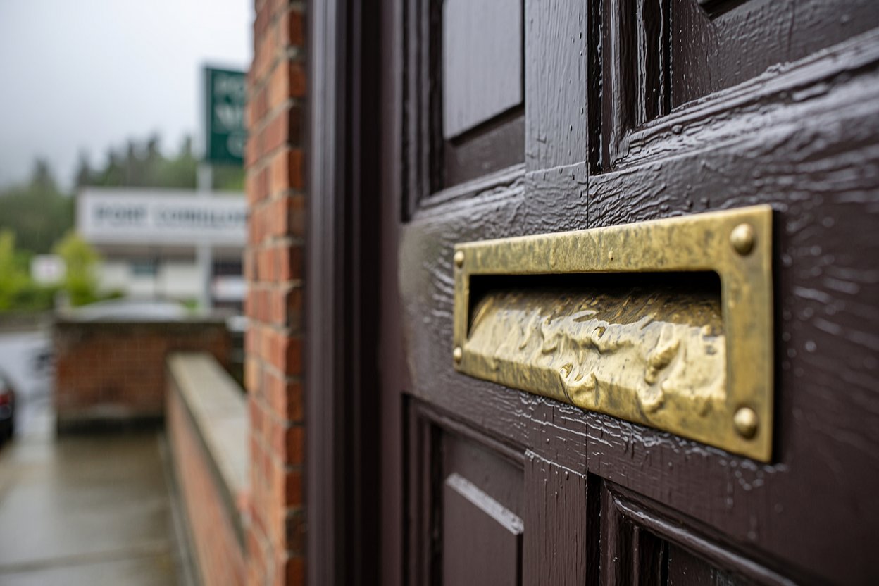 A painted heritage storefront door on Shaughnessy Street, rain-darkened brick behind it softened into grey bokeh in Port Coquitlam BC